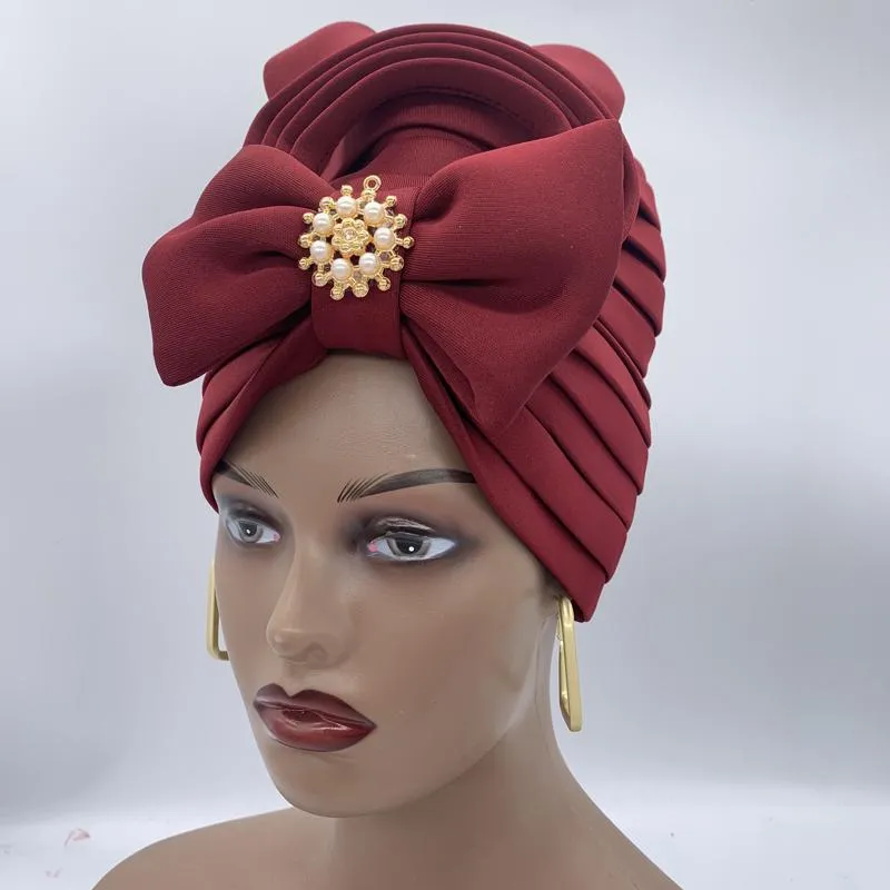 Etnische kleding Bow-tie Turban Caps voor Dames Mode Afrikaanse Hoofd Nigeriaanse bruiloft Gele Moslim Headscarf Bonnet Vrouwelijke Hoofd Wraps