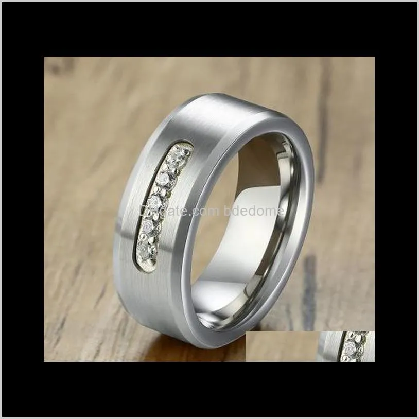 Punk Zircon Rings Stainless Steel Rings For Men Tungsten Steel Ring Matte Finished High Polished Ring Wide 8mm