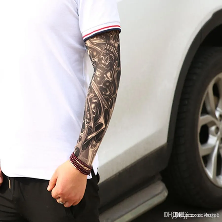 Män pojke sömlösa nylon tatuering ärmar tryck elastisk andningsbar sport förlängda skinn falska tatuering arm varmare skydd ärmar xdh0705 t03