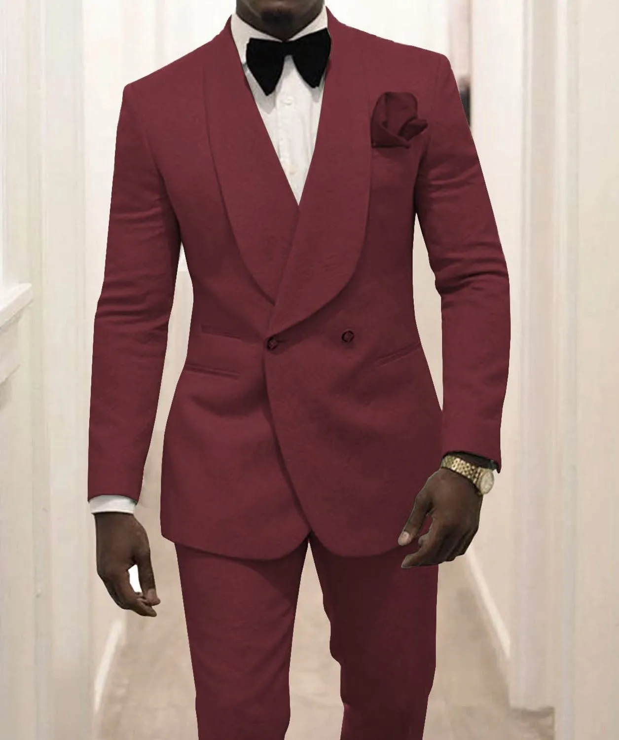 New Arrival Men Suits Burgundy Pattern Groom Tuxedos Shawl Lapel Groomsmen Wedding Best Man 2 Pieces ( Jacket+Pants+ Bow Tie ) L641