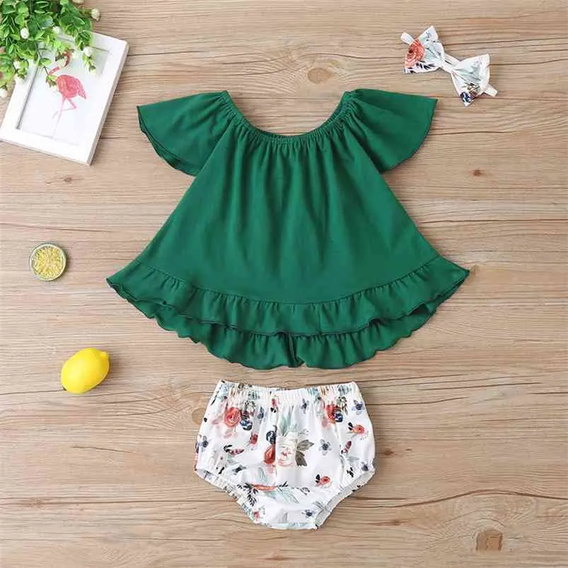 Летние дети наборы повседневные девочки с коротким рукавом o шея зеленая твердая юбка печать цветочные шорты милая одежда 3-18м 210629