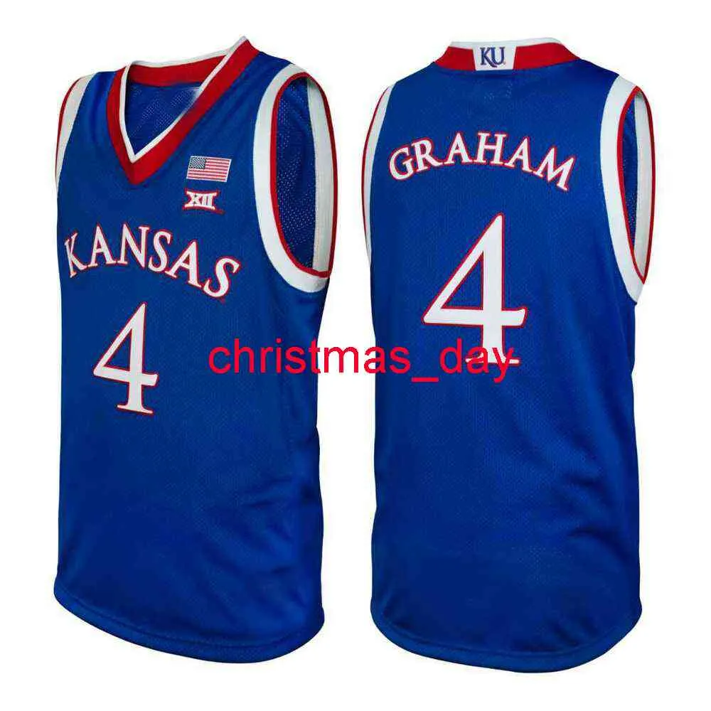 Gestikte Custom Kansas Jay Devonte 'Graham # 4 Retro Basketbal Blue Jersey Mannen Dames Jeugd XS-6XL
