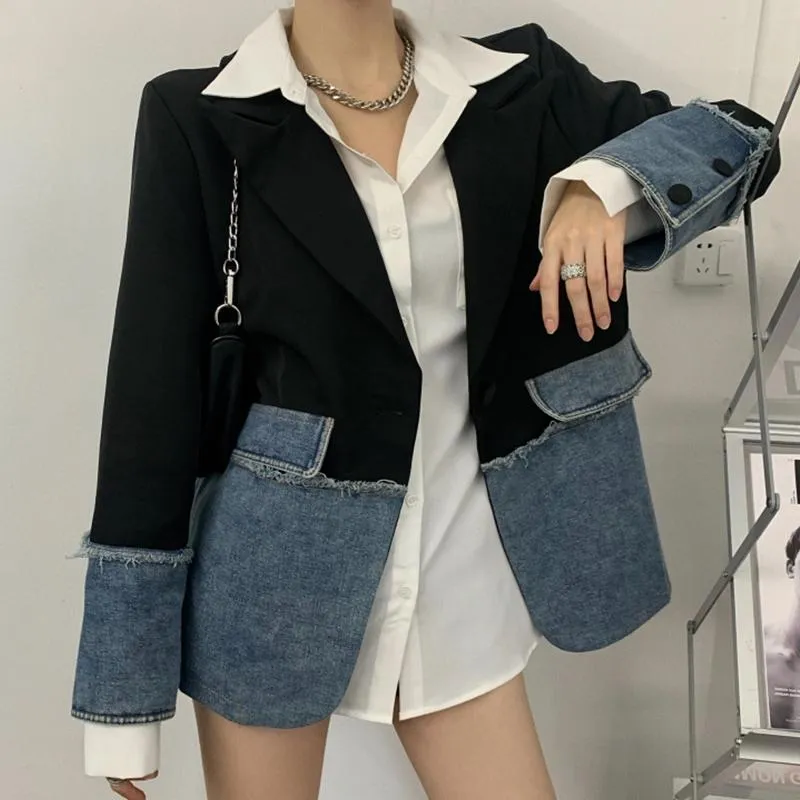 Kobiety Denim Jacket Blazers Wiosna Patchwork Notatnik Plaid Blazer Office Lady Elegance Pełna Rękaw Kurtka Stylowa Odzieży Wierzchniej