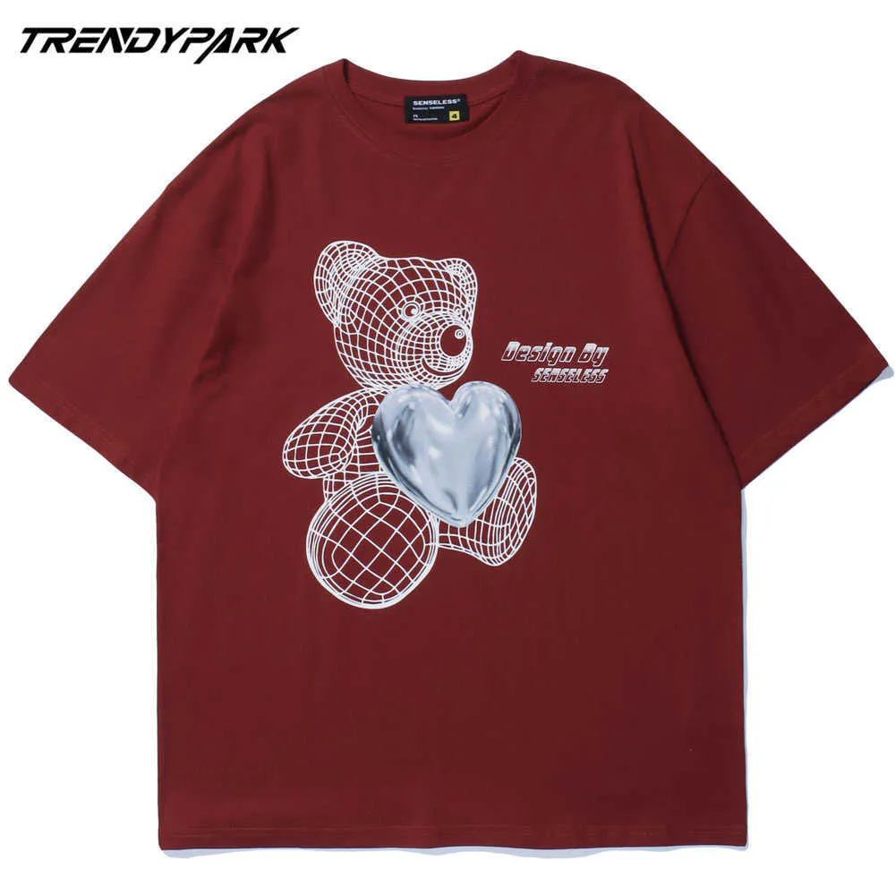 Men's T-shirt 3D Bear Heart Printed Short Sleeve Hip Hop Oversize Cotton Casual Harajuku Streetwear Summer Top Tee Tshirts 210601