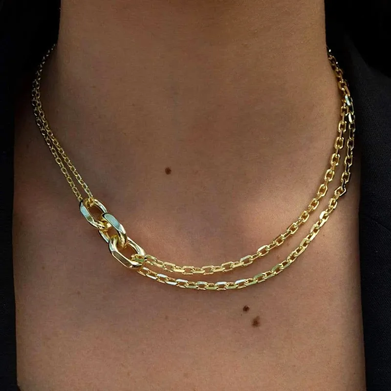 Collar de cadena de eslabones cubanos Punk para mujer, gargantilla con colgante de cadena de clavícula de doble capa, collar gótico llamativo, joyería de moda