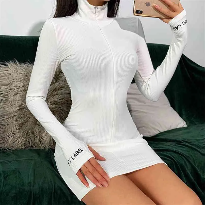 白い黒いribbedボディコンドレス女性春の夏の長袖の手紙刺繍ジッパーハイエラスティックミニカジュアル210603