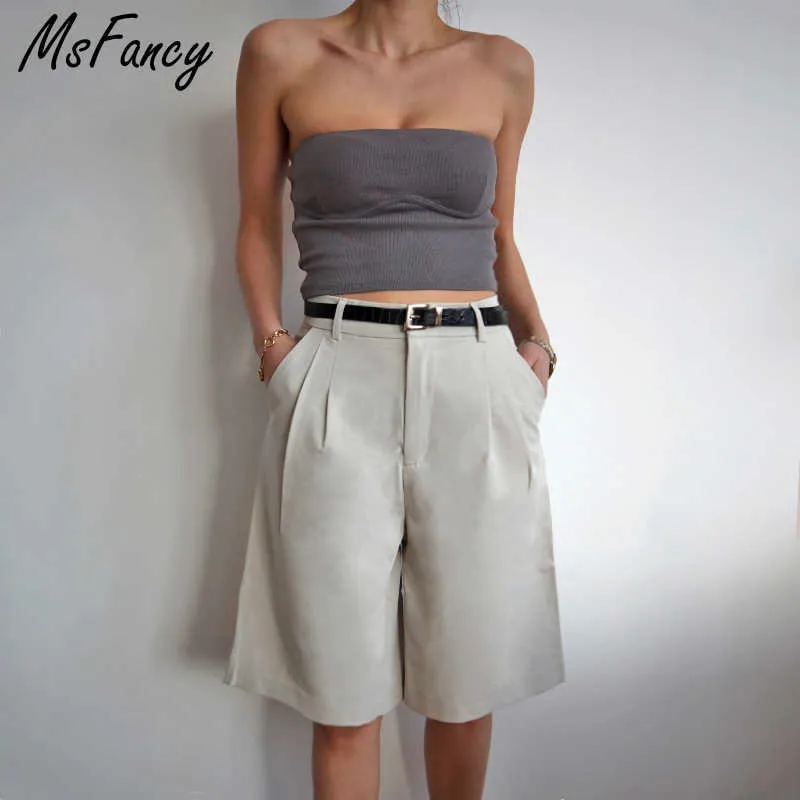 MSFYCY Summer Shorts Women High Waist Officiell Kort Femme Plus Storlek Vitdräkt Pantalones de Mujer med bälte 210604