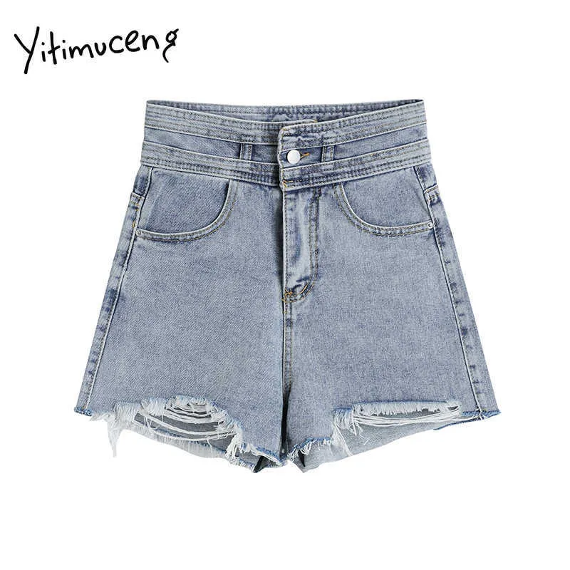 Yitimuceng Womens Denim Shorts Sexy High Waisted Jean Ripped Straight Summer Solid Blue Fashion Hollow Out Hole Sweat 210601