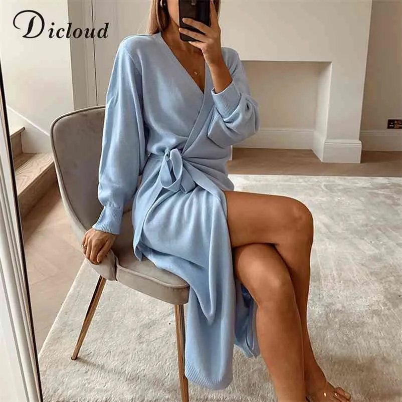 DICLOUD Long Women Knitted Wrap Dress Spring Oversize Elegant Day Midi Dress Sexy V Neck Knitwear Robe Ladies Clothes 210806