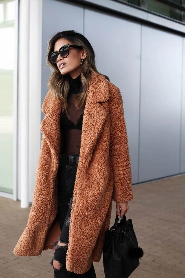 Women's Wool & Blends Fashion Women Lambs Coat Warm Winter Long Sleeve Lapel Solid Color Teddy Fur Coats Lamb Jacket Top