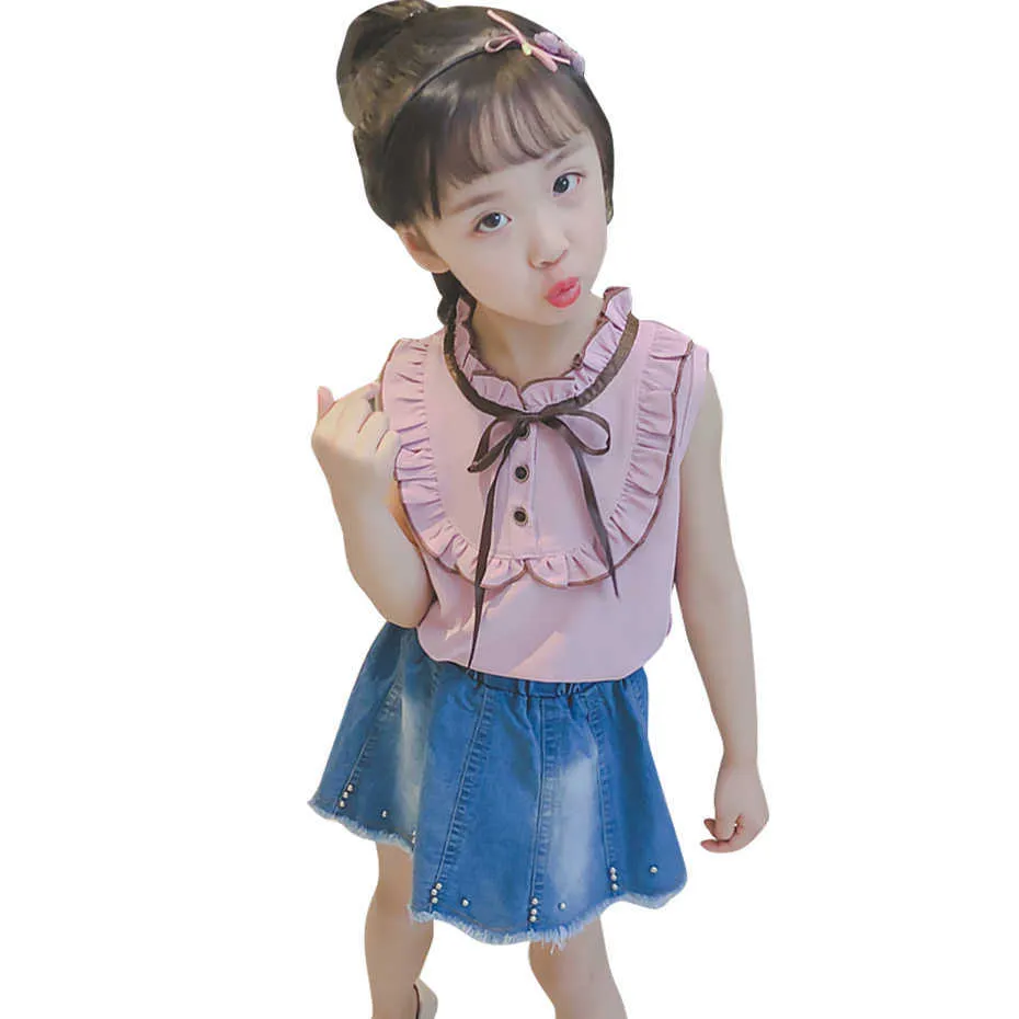 Abbigliamento per ragazze adolescenti Gilet + Denim Short Teenage Ruffles Outfit per abiti per bambini con perle 6 8 10 12 14 210528