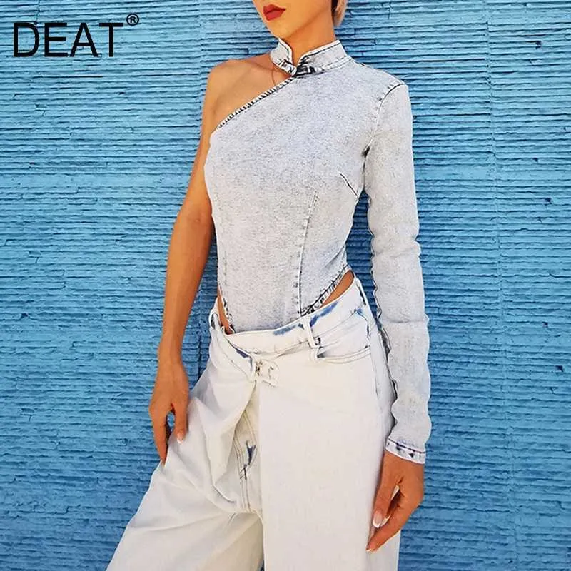 [DEAT] Summer Fashion vita alta tinta unita monospalla colletto alla coreana personalità tuta da donna in denim 13Q001 210527