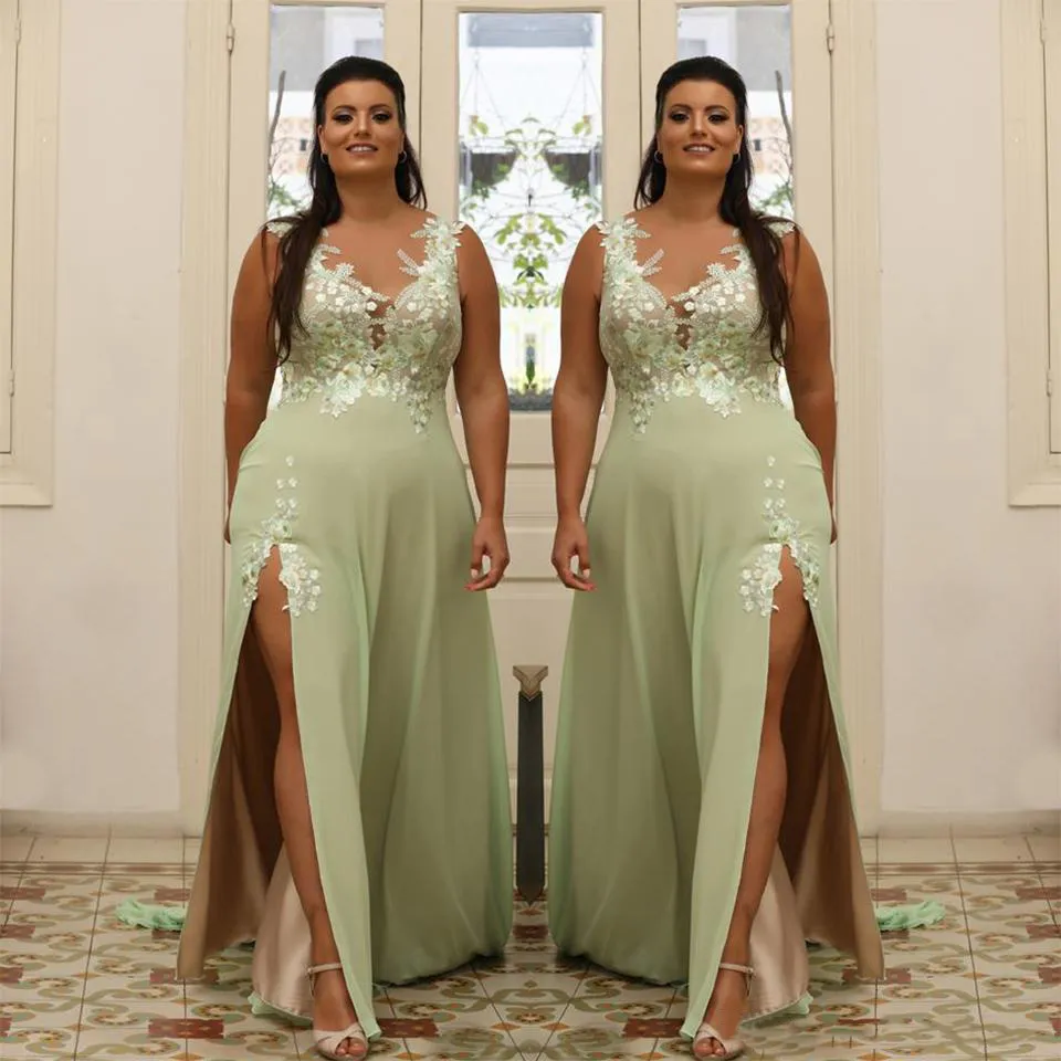 Light Green Chiffon Appliqued Prom Dress Sheer V Neck A Line Split Side Floor Length Evening Gown Plus Size Formal Dress 2024