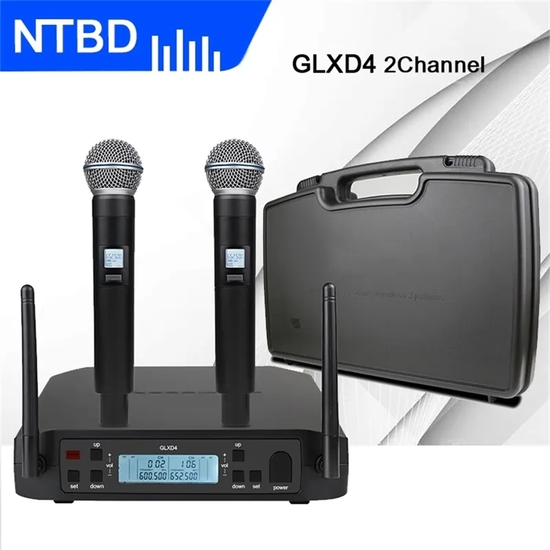 NTBDステージパフォーマンスカラオケUHF GLXD4プロフェッショナルデュアルワイヤレスマイクロフォンシステム2チャンネル2ハンドヘルド自動スキャン210610