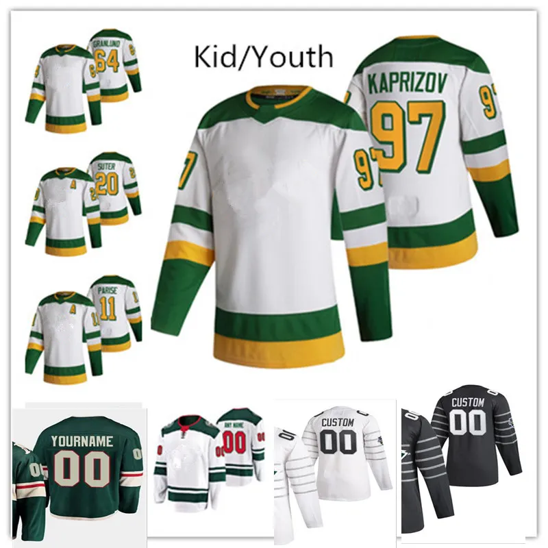 Jovem Kirill Kaprizov Jersey Kids 2021 Retro Retro Ryan Suter Marco Rossi Kevin Fiala Kid Hockey Jersey Qualquer Nome Número