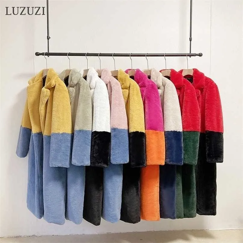 LUZUZI Two Colors Faux Rabbit Fur Coat Winter Women Luxury Long Overcoat Thick Warm Plus Size Female Plush s 211220