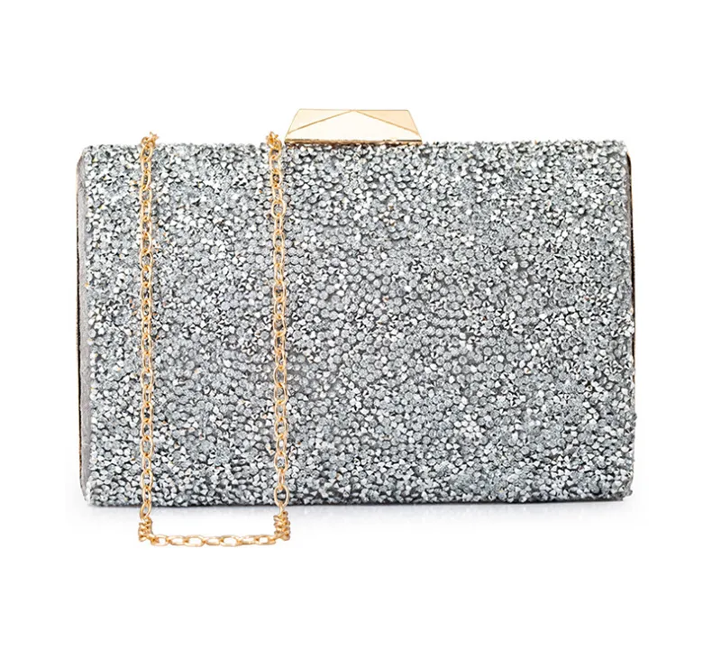 Mini Silver Top Handle Glitter Evening Bag, Chain Shoulder Bag