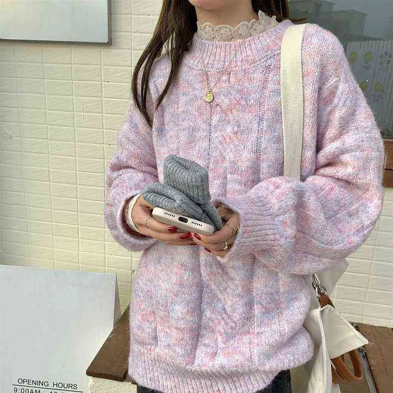 Pulls d'automne pour femmes rose Beige pulls à col rond Vintage épais tricoté à manches longues vêtements Style coréen haut ample Y1110