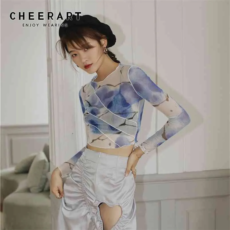 CHEERART, Top corto de malla, camiseta de manga larga, camiseta estampada para mujer, camiseta transparente para mujer, retales ajustados, moda de verano 210623