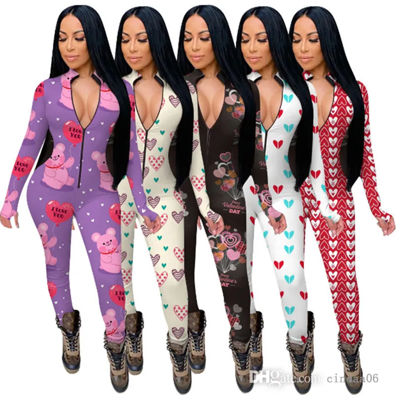 Valentine Day Bodysuit Women Onesies Jumpsuits Sports Slim Sexy Fashion Designer One Piece Pants Love Pattern Printed Ladies