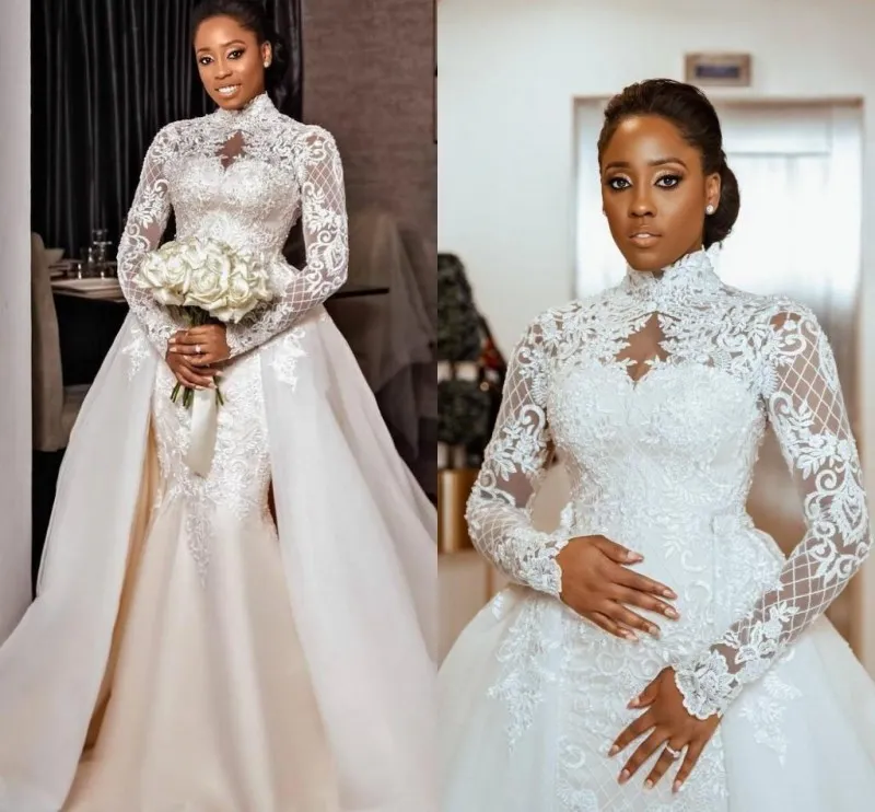 Afrikanische Meerjungfrau Hochzeit Kleid Abnehmbare Zug 2021 High Neck Spitze Appliques Arabisch Brautkleider Lange Ärmel Robe De Mariage