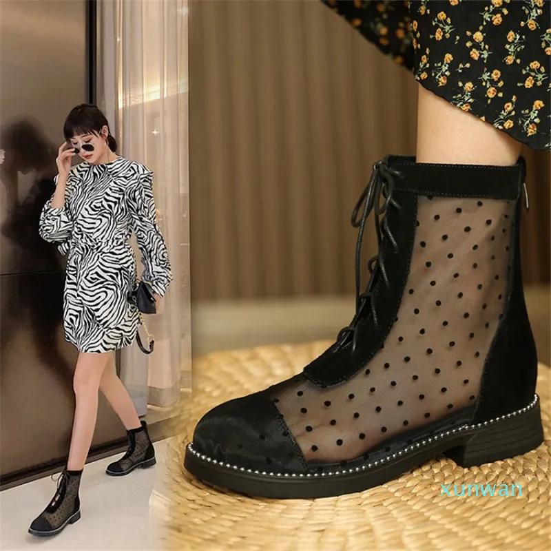 Spring/Summer Women Shoes Polka Dot Mesh Boots Cow Suede Round Toe Low Heel Back Zipper Short Summer Boots Fashion Sandals 210507