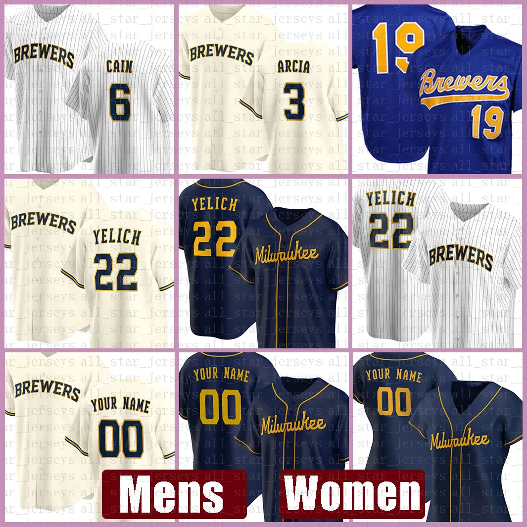 Milwaukee Mens Brewers Damska koszulka bejsbolowa 22 Christian Yelich Custom 19 Robin Yount 6 Lorenzo Cain 8 Ryan Braun 3 Orlando Arcia