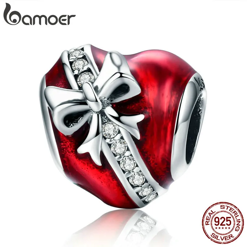 BAMOER Romantic New 925 Sterling Silver Bowknot Heart Clear CZ Beads fit Bracelets & Necklaces Chain DIY Jewelry Making SCC741 Q0531