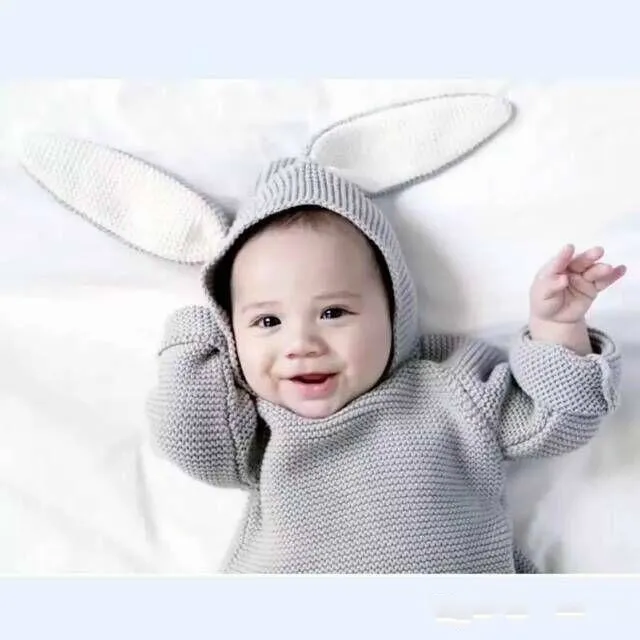 New Autumn Winter Cute Baby Sweater Rabbit Ears Hooded Knitted Tops Sweater Boys Girls Kids Knitwear Pullovers Children Clothing Gray Khaki