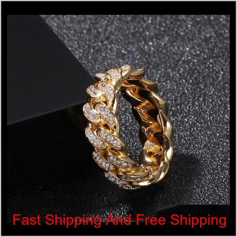 hip-hop zircon cuban chain ring 8mm zircon plated genuine gold trend men`s ring cuban link band mens hip hop jewellery
