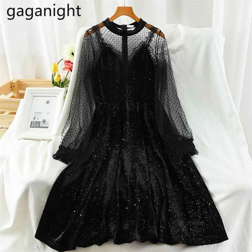 Sexy Women Black Mesh Patchwork Dress Long Sleeve Fashion Party Bodycon Velvet Dresses Female Chic Vintage Vestidos 210601