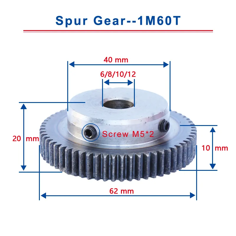 1 Piece 1M60T Spur Bore Size 6 8 10 / 12 mm Low Carbon Steel Material High Quality Metal Gear For Motor