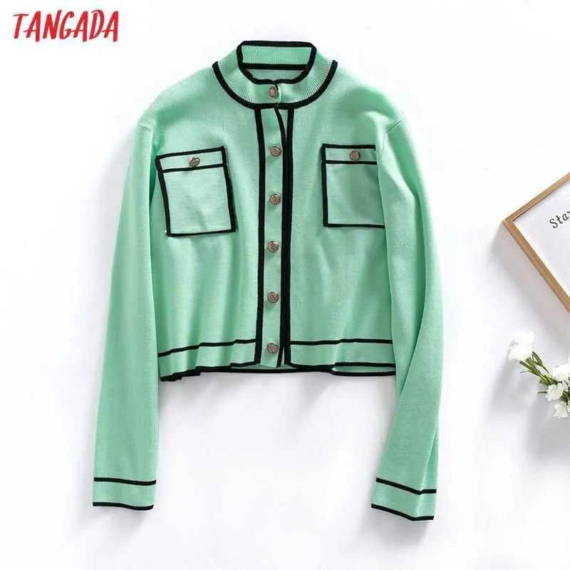 Tangada Kvinnor Elegant Pocket Crop Cardigan Vintage Jumper Lady Fashion Stickad Cardigan Coat 6H60 210609