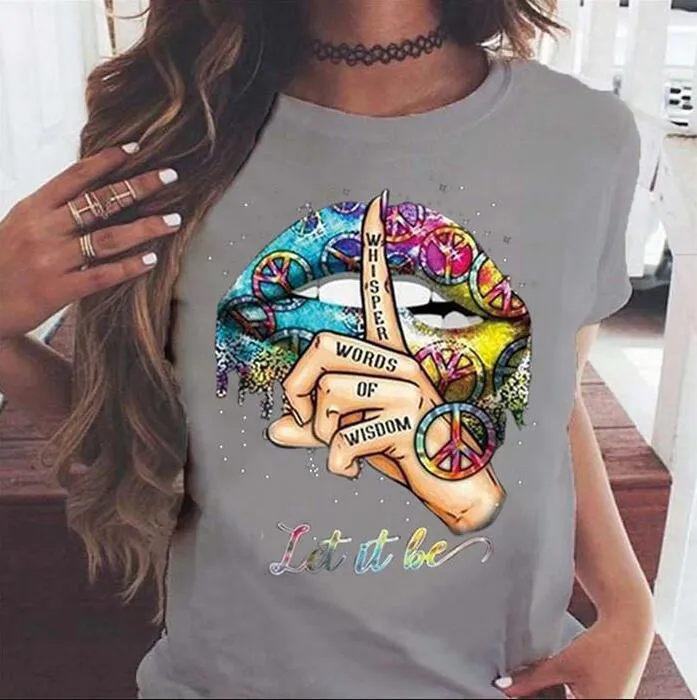 top shipping Casual O Neck Short Sleeve Tops Shut Up Gesture Summer Womens Designer tshirts Clothing Lips Pattern Women