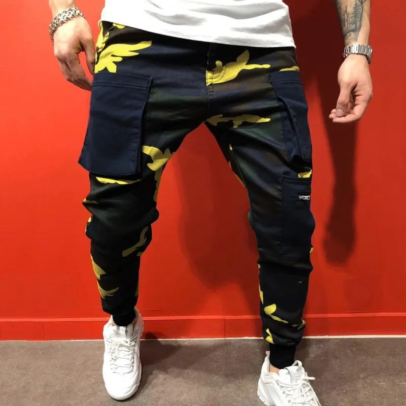 Calças masculinas Cargo Camuflagem Mid-cintura Cordão Sweatpants Casual Sportwear Multi-bolso Moda Calças