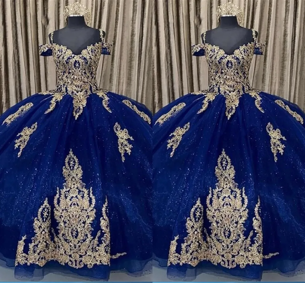 Paillettes Tulle Or Embellissement Quinceanera Robes Bleu Marine 2022 Épaule Perlée Cristal Robe De Bal De Bal Princesse Douce 1 6 Robe