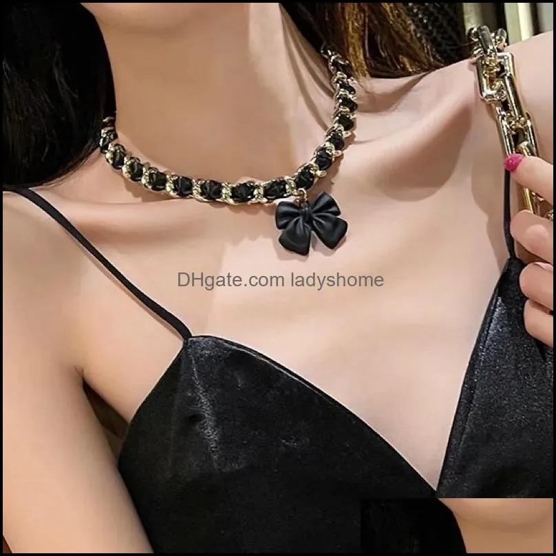 Bowknot Chokers Short Interspersed with Leather Rope Wide Chain Fashionable Accessories Jewelry Necklace HWD6438