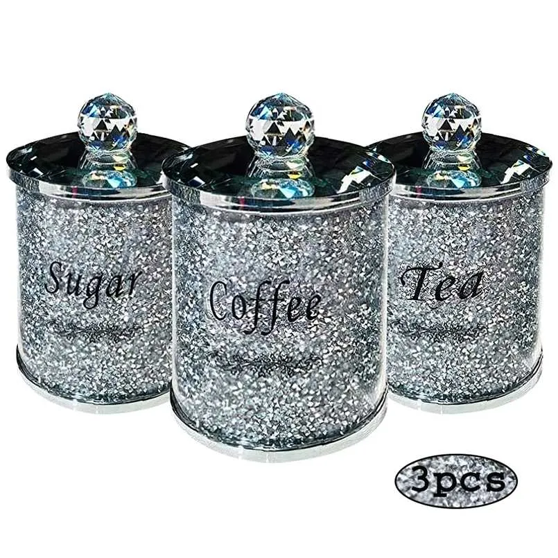 3 stks Thee Koffie Container Suiker Canisters Set Lid Crushed Crystal Filled Multi-Purpose Kitchen Tafel Spice Opslag Glas Jar 211110