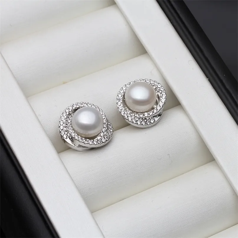 女性用豪華な天然真珠スタッドイヤリング、925縞模様の銀のイヤリングジュエリー、本物の淡水真珠のイヤリングギフト220212