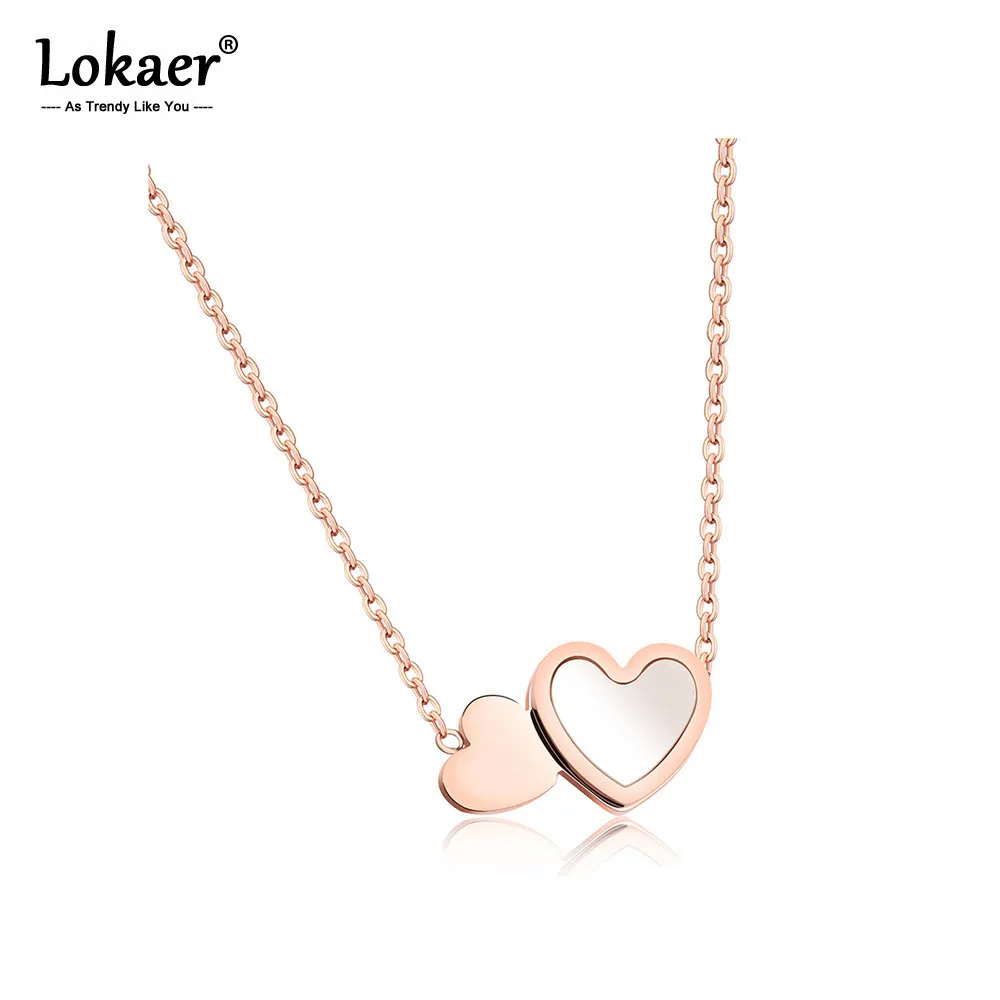 Lokaer-collar romántico de acero inoxidable con colgante de doble corazón para mujer, con concha dulce de amor, collar de boda de oro rosa N17068