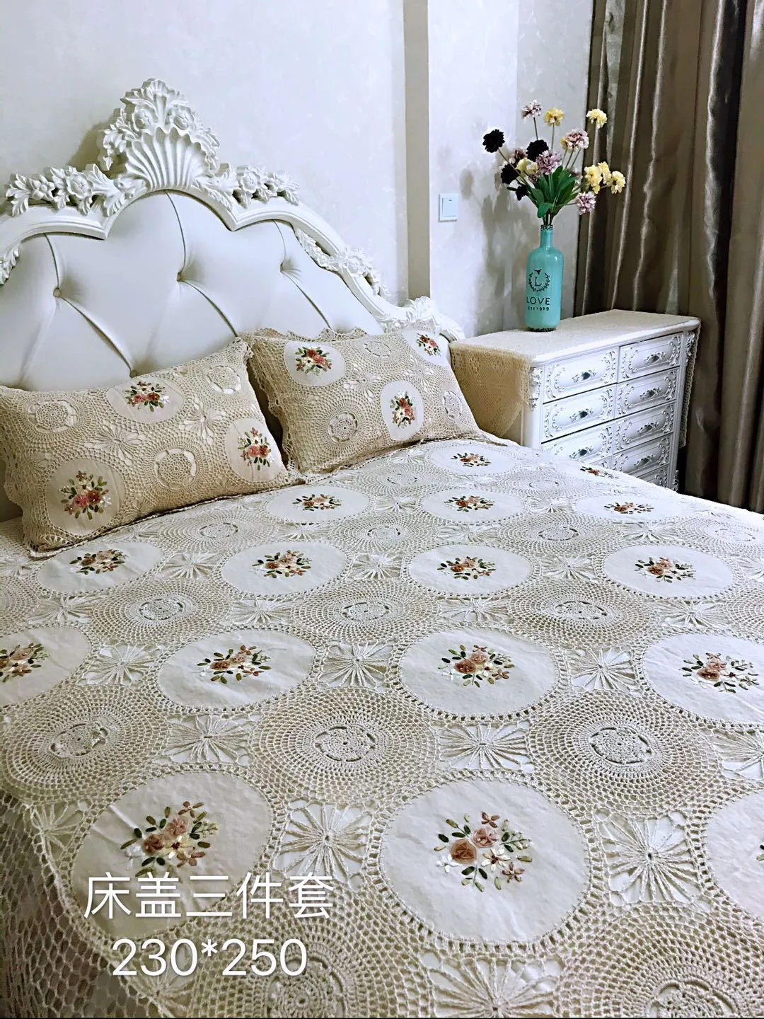 BEIGE Handmade Crochet Bed Spread Set Luxury Cotton Bedding 3pcs Sets Bed Cover PillowCase Super KING 230x250cm Bedspreads Coverle230i