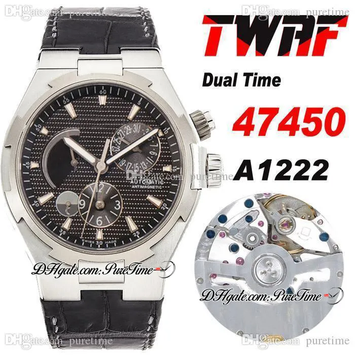 TWAF Overseas Dual Time 47450 A1222 Orologio da uomo automatico Cassa in acciaio Riserva di carica Quadrante nero Texture Stick Cinturino in pelle Super Edition Orologi Puretime b2