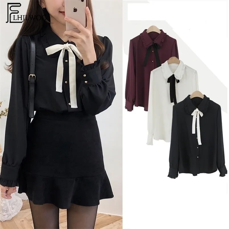 Blouses en mousseline Shirts S Style Preppy Girls Bow Tops Tops mignon Sweet Corée Tempérament Lady Peter Pan Collar 220311