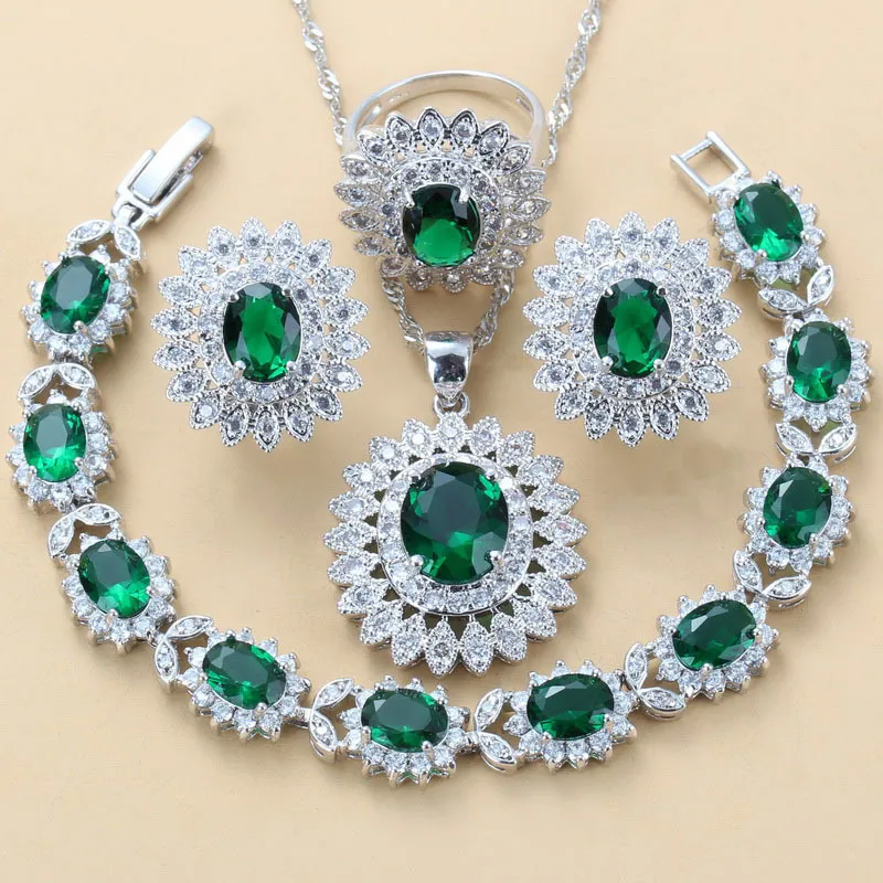 luxueux Dubai Bridal Silver 925 Brial Ensembles de bijoux Vert Cubic Zircon Tournesol Boucles d'oreilles Collier Bracelet Et Bague Ensembles 220210