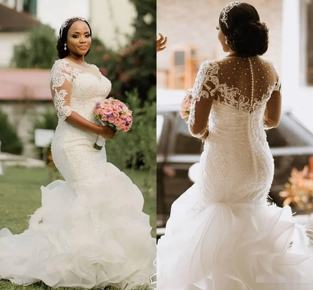 2021 Vestidos de novia de sirena Cristales de cuentas de lujo con 1/2 medias mangas Apliques de encaje Volantes Tren de barrido Vestido de novia por encargo vestido