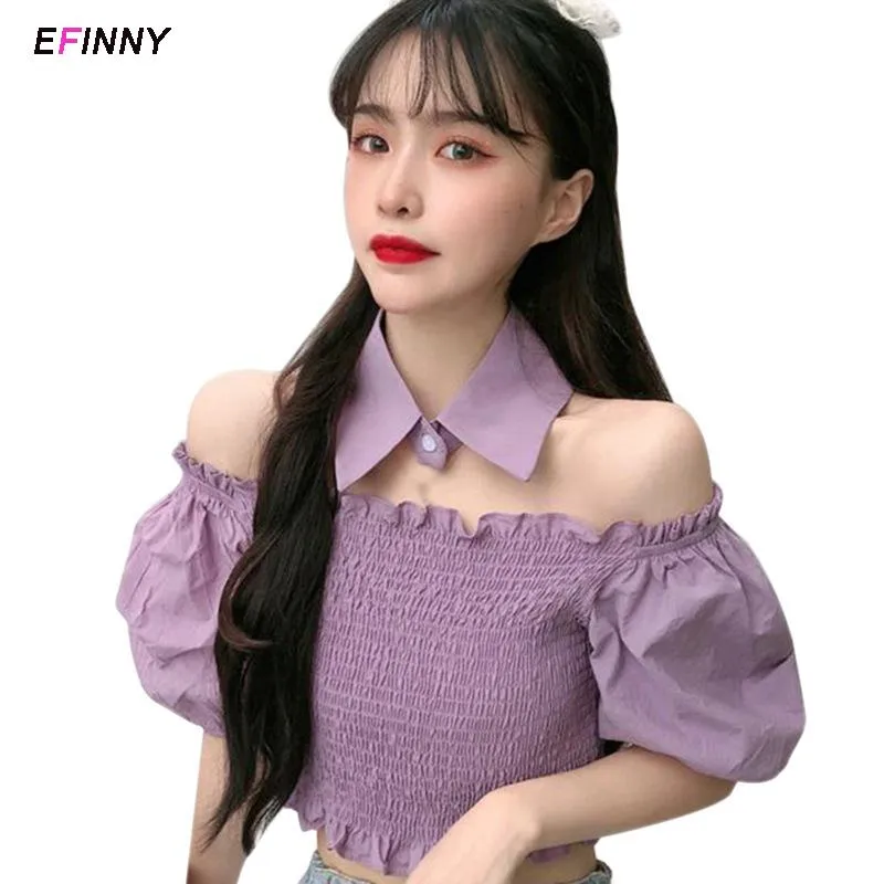 Women's Blouses & Shirts Women Off Shoulder Femme Strapless Tops Puff Sleeve Vintage Short Summerwear White/Purple/Blue