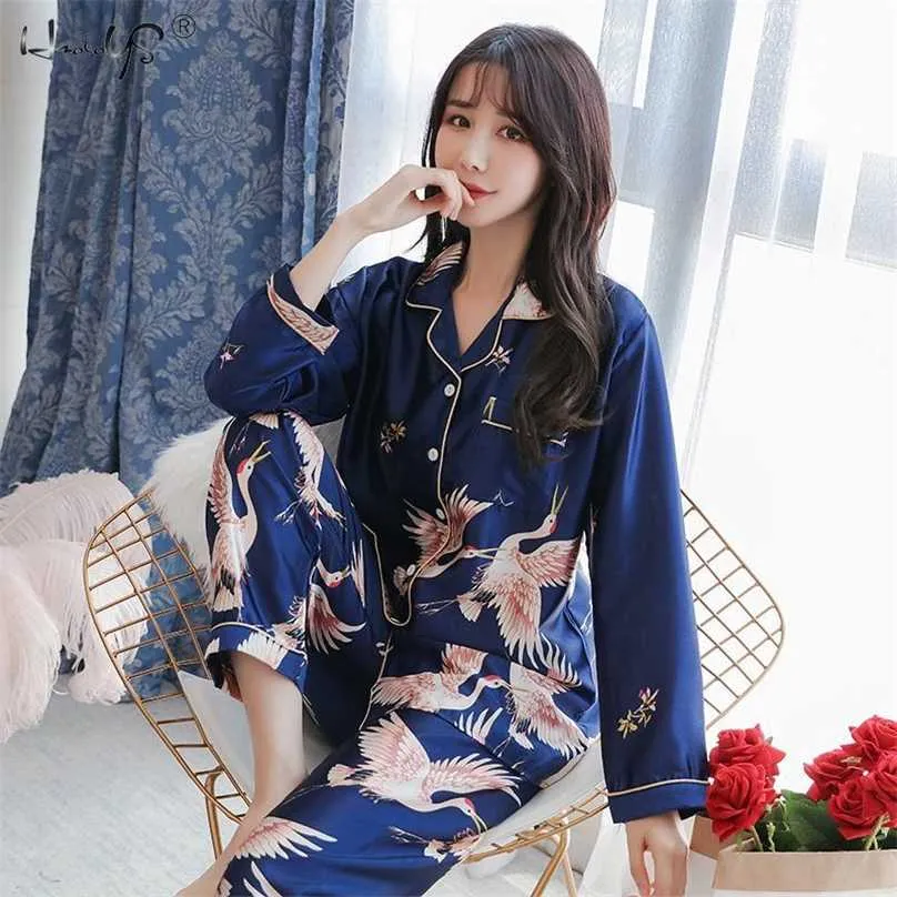 Негабаритные M-5XL Женские Брюки с длинным рукавом Брюки Pajamas Silk Сатин Pajamas Наборы Наборы Пижама Ночной костюм Ночной костюм Робин Ванна Спящая Спящая 211518