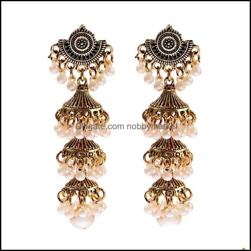 Dangle Kroonluchter Oorbellen Sieraden Retro Long Bell Status Indian For Women Vintage Boho Gesneden Pearl Wedding Drop Delivery 2021 LUE79