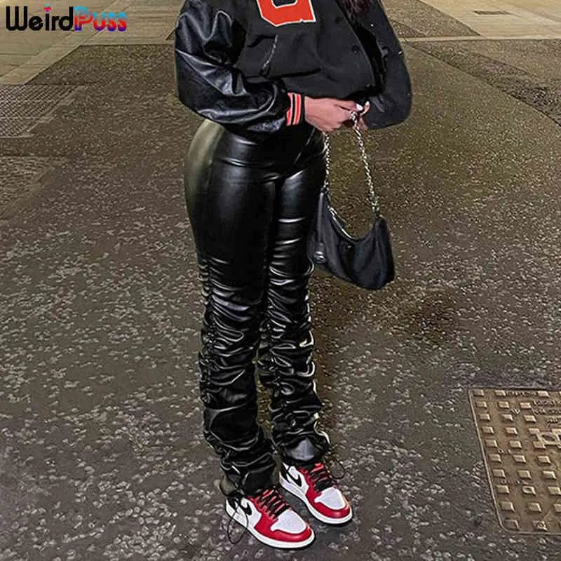 Weird Puss Faux Leather Pants Cyber Y2K Vintage Stacked Zipper Side Slit Drawstring Pencil Pants Trend Streetwear Slim Outfits Y220307