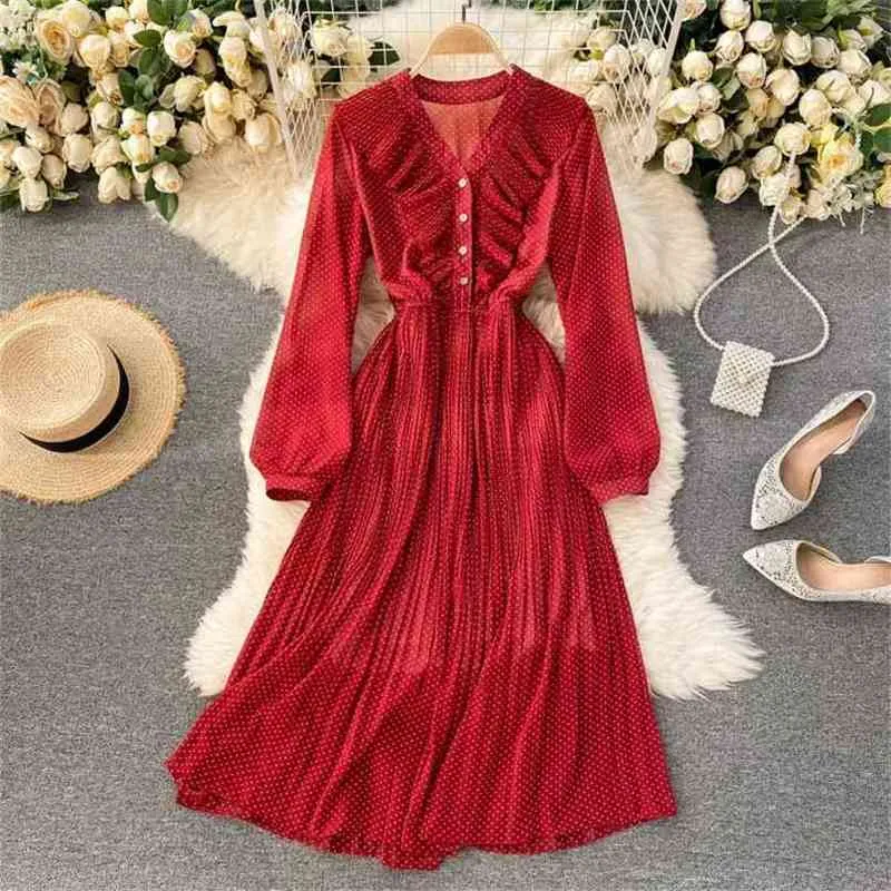 Femmes Vintage Robe plissée mode col en V à manches longues imprimé fleuri Dot es dames français en mousseline de soie Robe Vestidos 210525